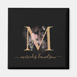 Chic Black and Gold Script Floral Monogram Magnet