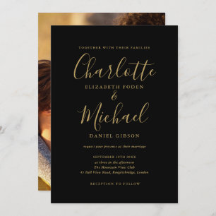 Chic Black and Gold Signature Script Foto Hochzeit Einladung