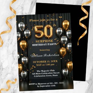 Chic Black and Gold Silver Ballon 50. Geburtstag Einladung