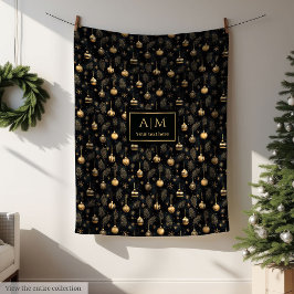 Chic black and gold watercolor monogram holiday fleecedecke