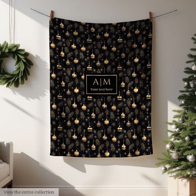 Chic black and gold watercolor monogram holiday fleecedecke (Chic black and gold watercolor monogram holiday wrap)
