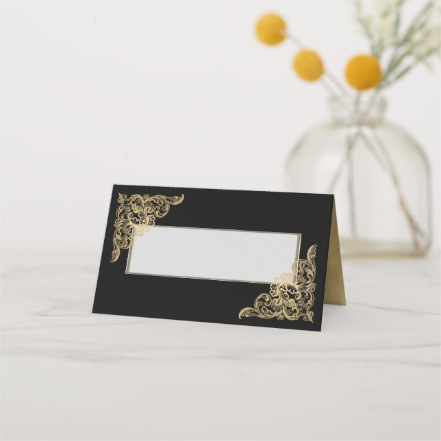 Chic Black and Gold Wedding Folding Platzkarte (Vorderseite)