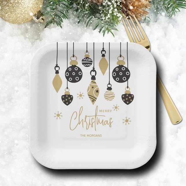 Chic Black and Gold Weihnachtsschmuck Pappteller (Chic black and gold Christmas tree ornaments square paper plates)