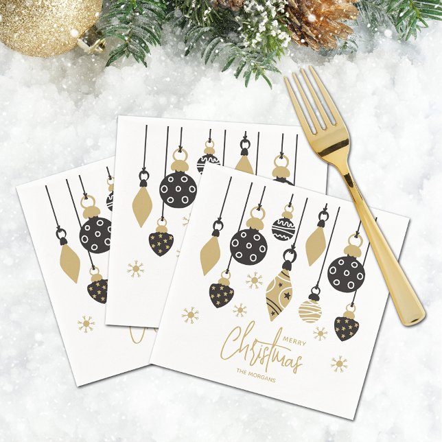 Chic Black and Gold Weihnachtsschmuck Serviette (Chic Merry Christmas tree ornaments on personalized cocktail napkins)