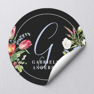 Chic Black and Pastor Floral Monogram Watercolor Runder Aufkleber