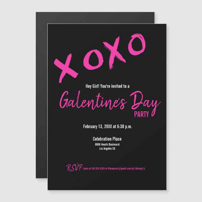 Chic Black and Pink Galentine Party XOXO Stilvoll Magneteinladung (Vorne/Hinten)