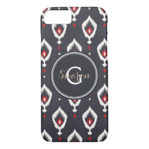 Chic black and red ikat tribal pattern monogram iPhone 8/7 hülle