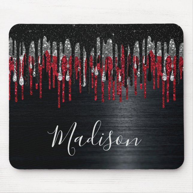 Chic Black and Red Silber Glitzer Tropfen Monogram Mousepad (Vorne)