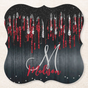 Chic Black and Red Silber Glitzer Tropfen Monogram Untersetzer