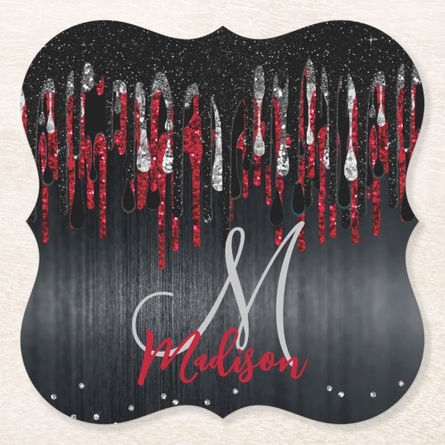 Chic Black and Red Silber Glitzer Tropfen Monogram Untersetzer (Vorderseite)