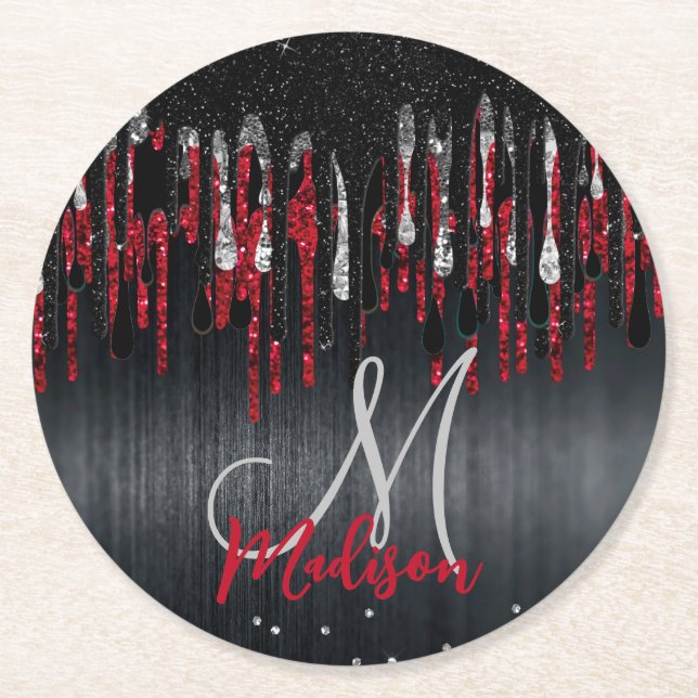Chic Black and Red Silver Glitzer Tropfen Monogram Runder Pappuntersetzer (Vorderseite)