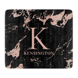 Chic Black and Rose Gold Foil Marmor Monogramm Schneidebrett
