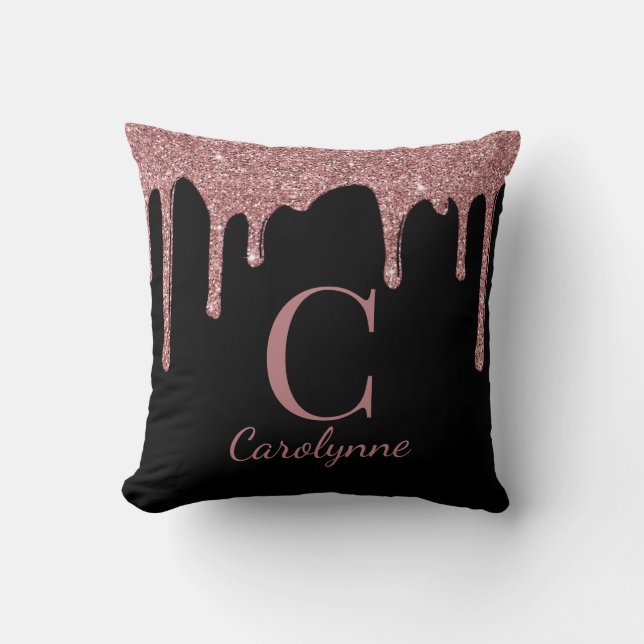 Chic Black and Rose Gold Glitzer Tropfen Monogram Kissen (Vorderseite)