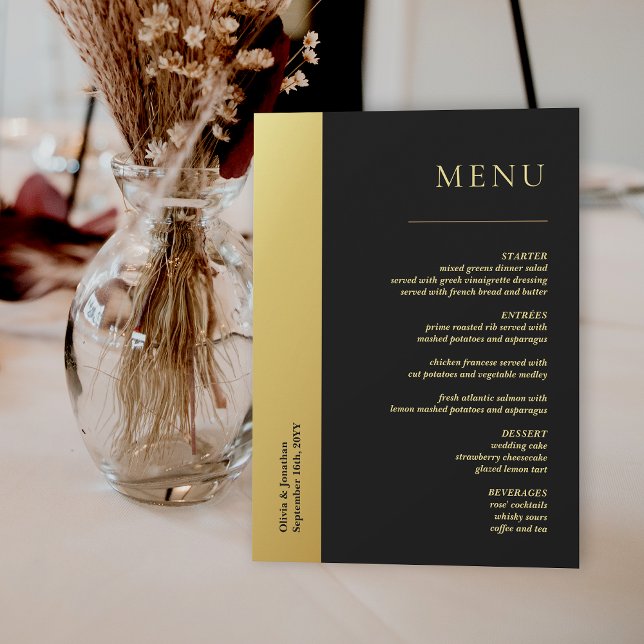 Chic Black and Shiny Gold Wedding Table Menu Card Einladung (Chic Black and Shiny Gold Wedding Table Menu Card)