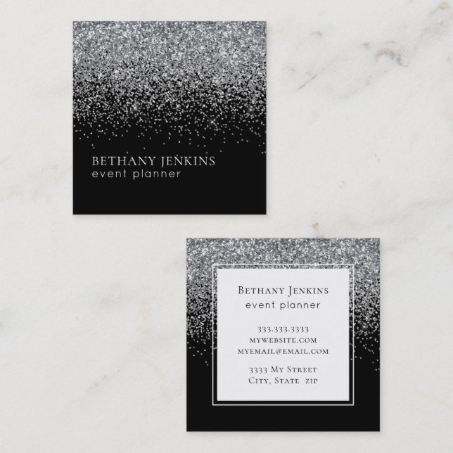 Chic Black and Silver Glitzer Business Card Quadratische Visitenkarte (Vorne/Hinten)