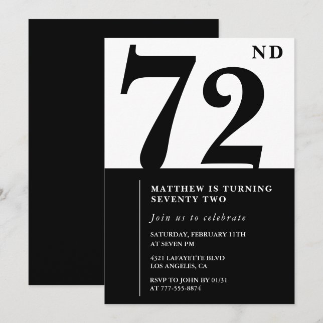 Chic Black and White Einladung zum 72. Geburtstag (Vorne/Hinten)