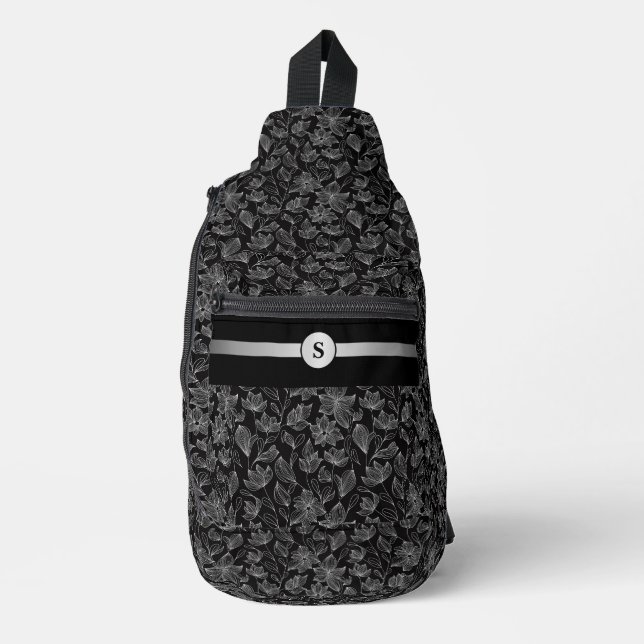 Chic Black and White Floral Personalisiert Crossbody Bag (Vorderseite)