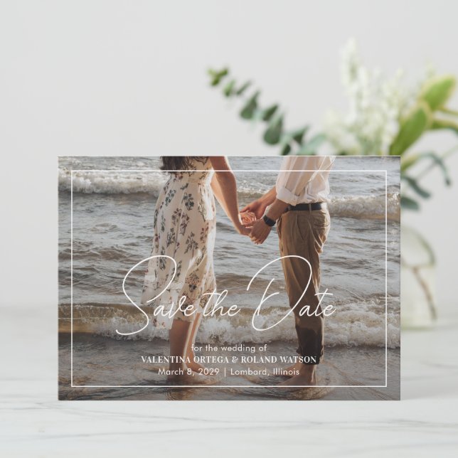 Chic Black and White Foto Moderne Hochzeit Save The Date (Stehend Vorderseite)