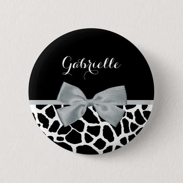 Chic Black and White Giraffe Print Silver Gray Bow Button (Vorderseite)