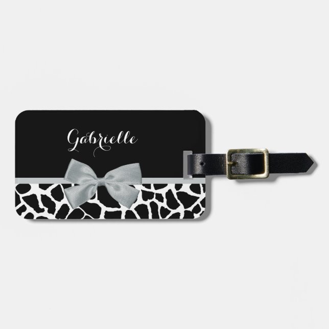 Chic Black and White Giraffe Print Silver Gray Bow Gepäckanhänger (Vorderseite horizontal)