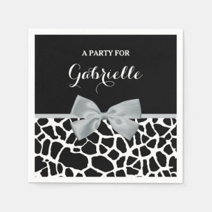 Chic Black and White Giraffe Print Silver Gray Bow Serviette
