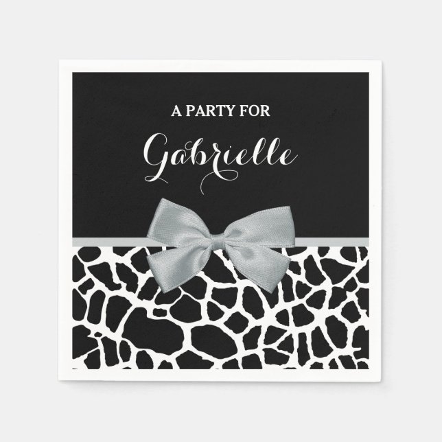 Chic Black and White Giraffe Print Silver Gray Bow Serviette (Vorderseite)