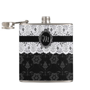 Chic Black and White Lace Monogram Flask Flachmann