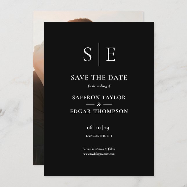 Chic Black and White Monogram Foto Wedding Save The Date (Vorne/Hinten)