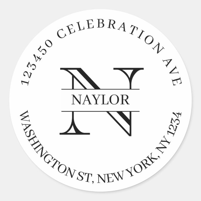 Chic Black and White Monogram Names Rücksendeadres Runder Aufkleber (Vorderseite)