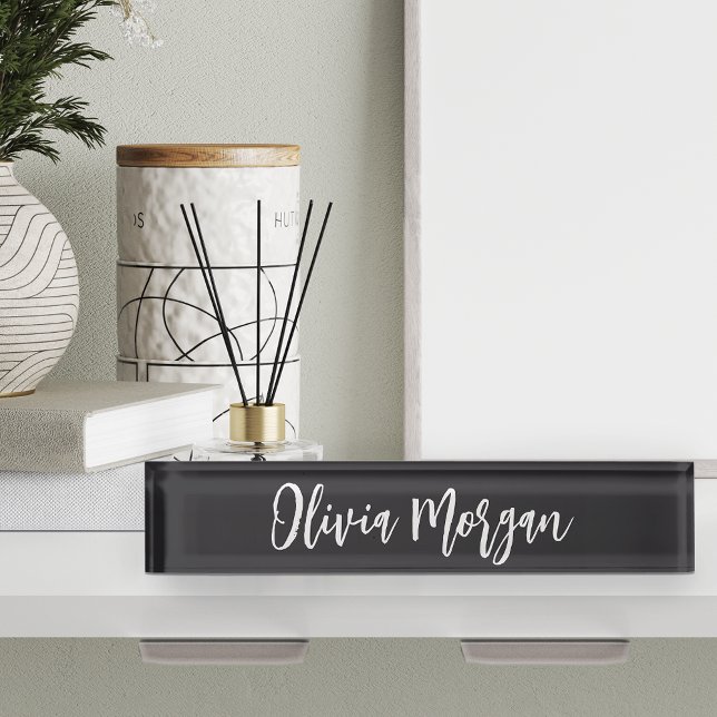 Chic Black and White Sketched Curry Script Name Namensplakette (Von Creator hochgeladen)