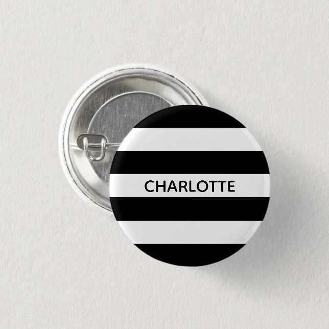 Chic black and white streifen individuelle Name mo Button (Vorne & Hinten)