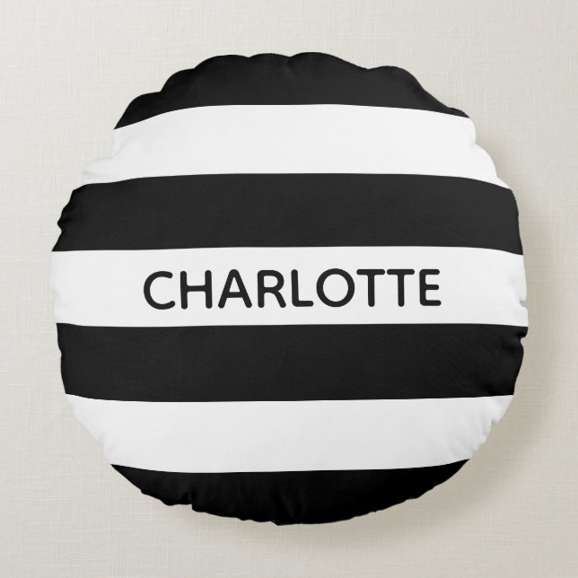Chic black and white streifen individuelle Name mo Rundes Kissen (Vorderseite)