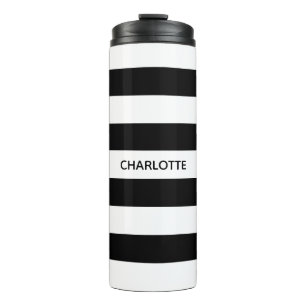 Chic black and white streifen individuelle Name mo Thermosbecher