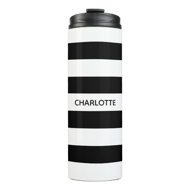 Chic black and white streifen individuelle Name mo Thermosbecher (Vorderseite)