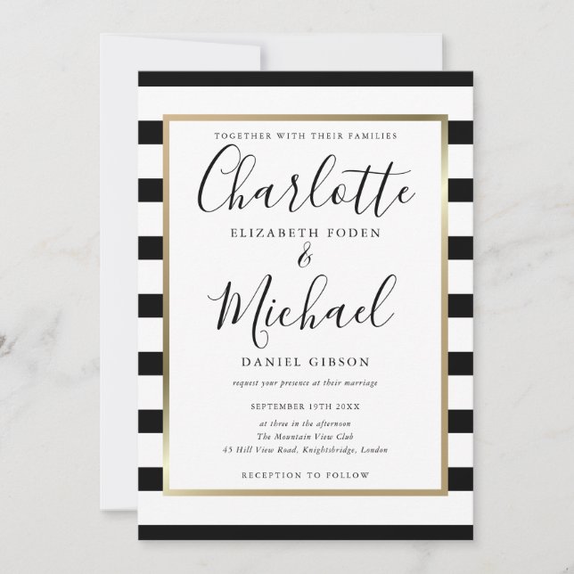 Chic Black and White Stripe Script Foto Wedding Einladung (Vorderseite)