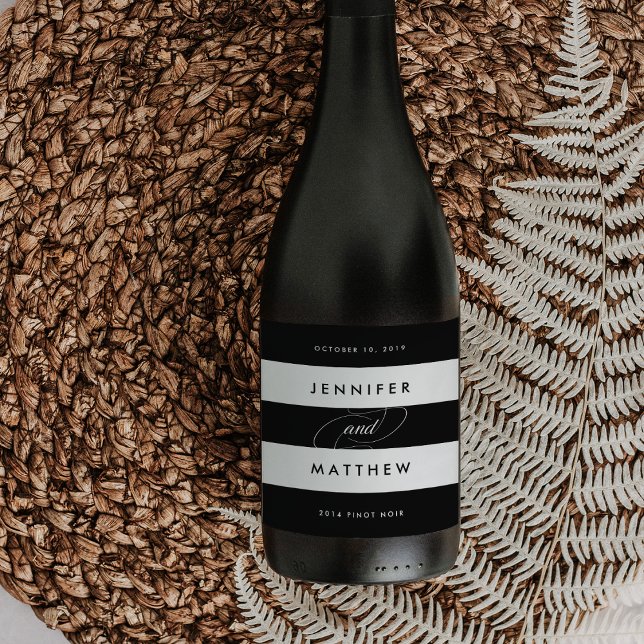 Chic Black and White Stripe Wedding Wine Labels Weinetikett (Von Creator hochgeladen)