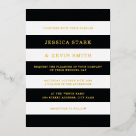 Chic Black and White Stripes Wedding Gold Folieneinladung