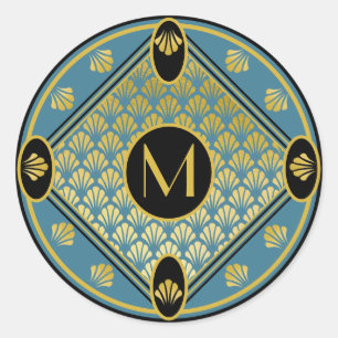 Chic Black & Aquamarin Art Deco-Lüftermuster Mono Runder Aufkleber