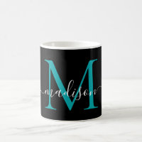 Chic Black Aquamarin Green Monogram Elegant Script