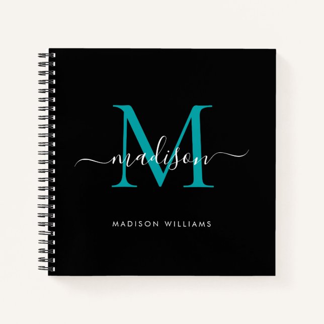 Chic Black Aquamarin Green Monogram Initial Script Notizbuch (Vorderseite)