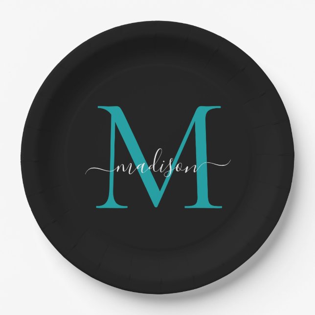 Chic Black Aquamarin Green Monogram Modern Script  Pappteller (Vorderseite)