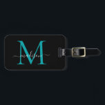 Chic Black Aquamarin Green Monogram Script Name St Gepäckanhänger<br><div class="desc">Elegant Modernes,  Aquamarines Schwarz-Grün-Monogramm-Skript Name Stilvolle Bag-Tag</div>