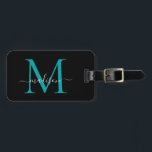 Chic Black Aquamarin Green Monogram Script Name St Gepäckanhänger<br><div class="desc">Elegant Modernes,  Aquamarines Schwarz-Grün-Monogramm-Skript Name Stilvolle Bag-Tag</div>