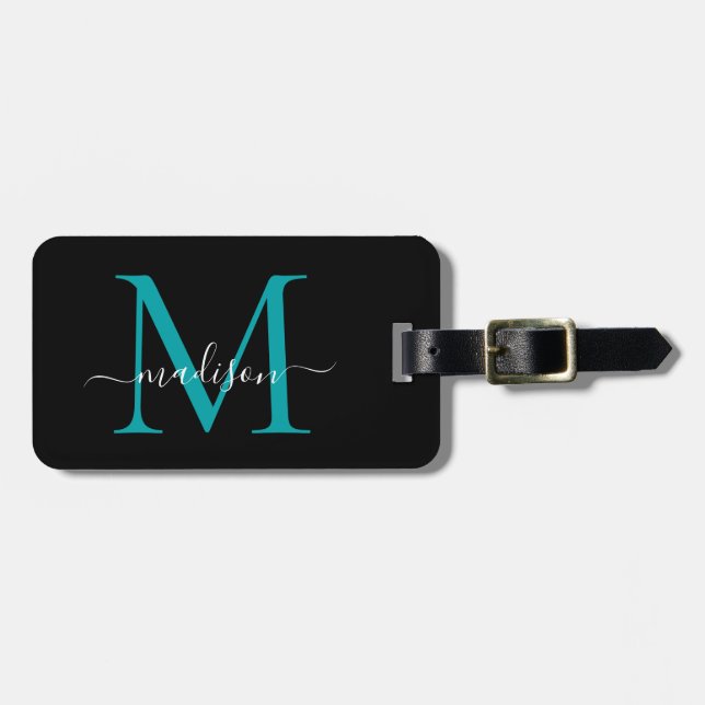 Chic Black Aquamarin Green Monogram Script Name St Gepäckanhänger (Vorderseite horizontal)