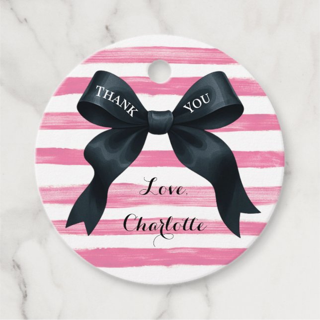 Chic Black Bow Pink White Strip Geschenkanhänger (Vorderseite)