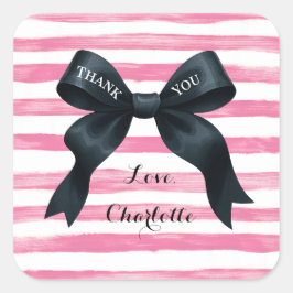 Chic Black Bow Pink White Stripe Quadratischer Aufkleber