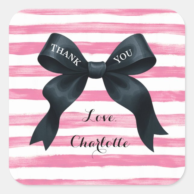 Chic Black Bow Pink White Stripe Quadratischer Aufkleber (Vorderseite)