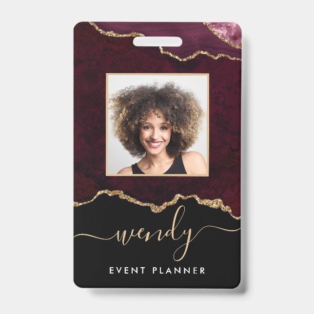 Chic Black Burgund Red Gold Glitzer Agate Foto Ausweis (Vorderseite)