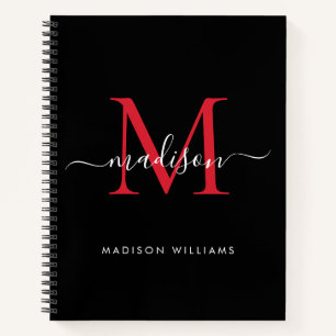 Chic Black Burgundy Red Girly Monogram Script Name Notizbuch