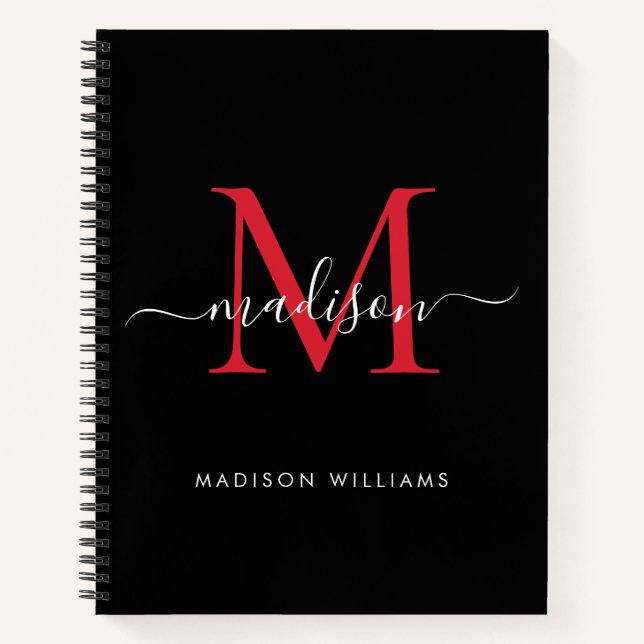 Chic Black Burgundy Red Girly Monogram Script Name Notizbuch (Vorderseite)